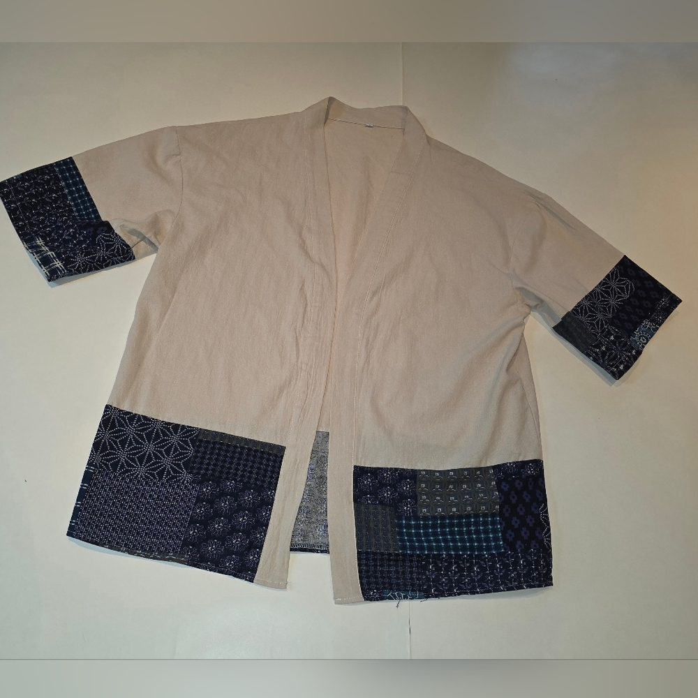 Beige Kimono Jacket with Navy Patchwork Detail